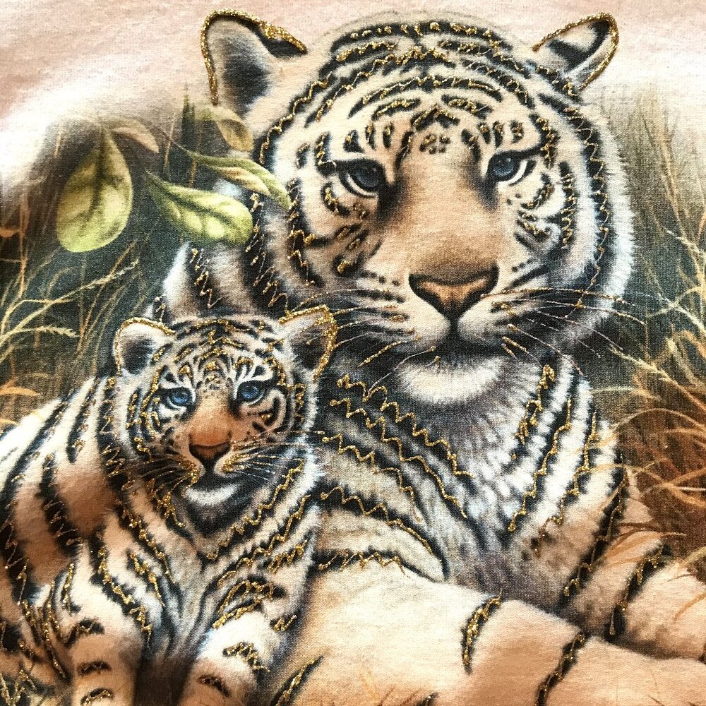 Upcycled Oversized Graphic Tee, Tiger Print Flannel Sleeves Plus Size L-2XL - Picture 7 of 11